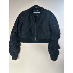 Blanc Noir Women’s Medium Cropped Jacket black Ruched Sleeve Y2K Retro old money